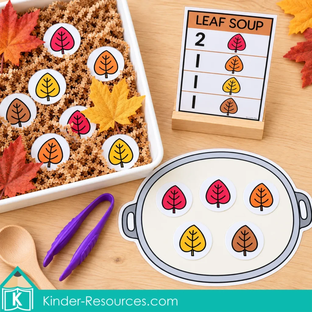 Leaf soup counting activity with two red, one orange, one yellow, and one brown leaf circle on a pot mat beside the matching picture recipe.