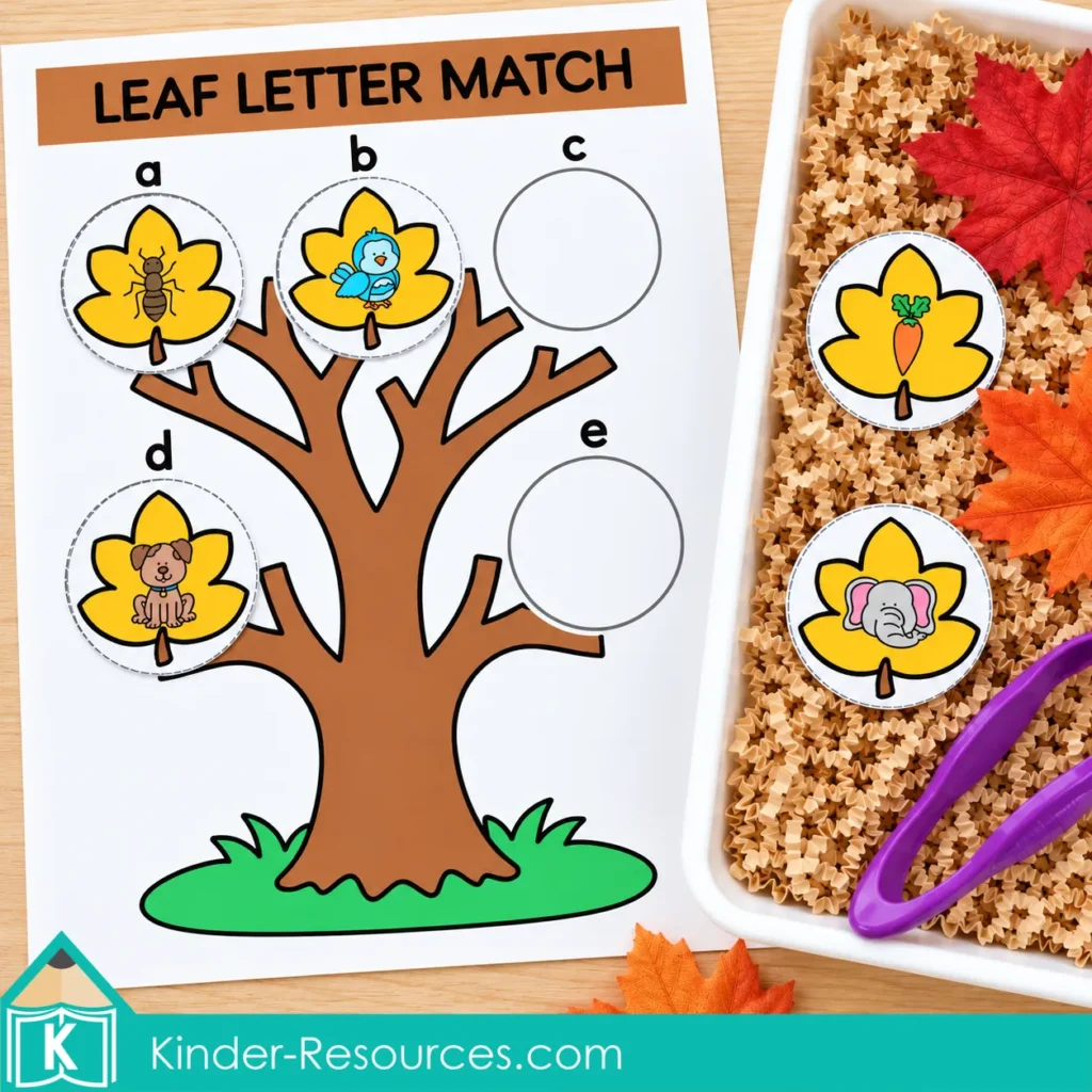 Ant, bird, and dog picture leaves matched to lowercase a, b, and d on a tree mat, with carrot and elephant leaves in the sensory bin.