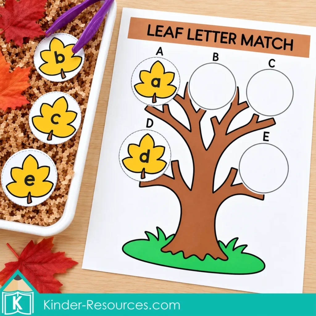 Lowercase a and d leaf pieces matched to uppercase A and D on a tree mat, with b, c, and e leaves in a sensory bin.