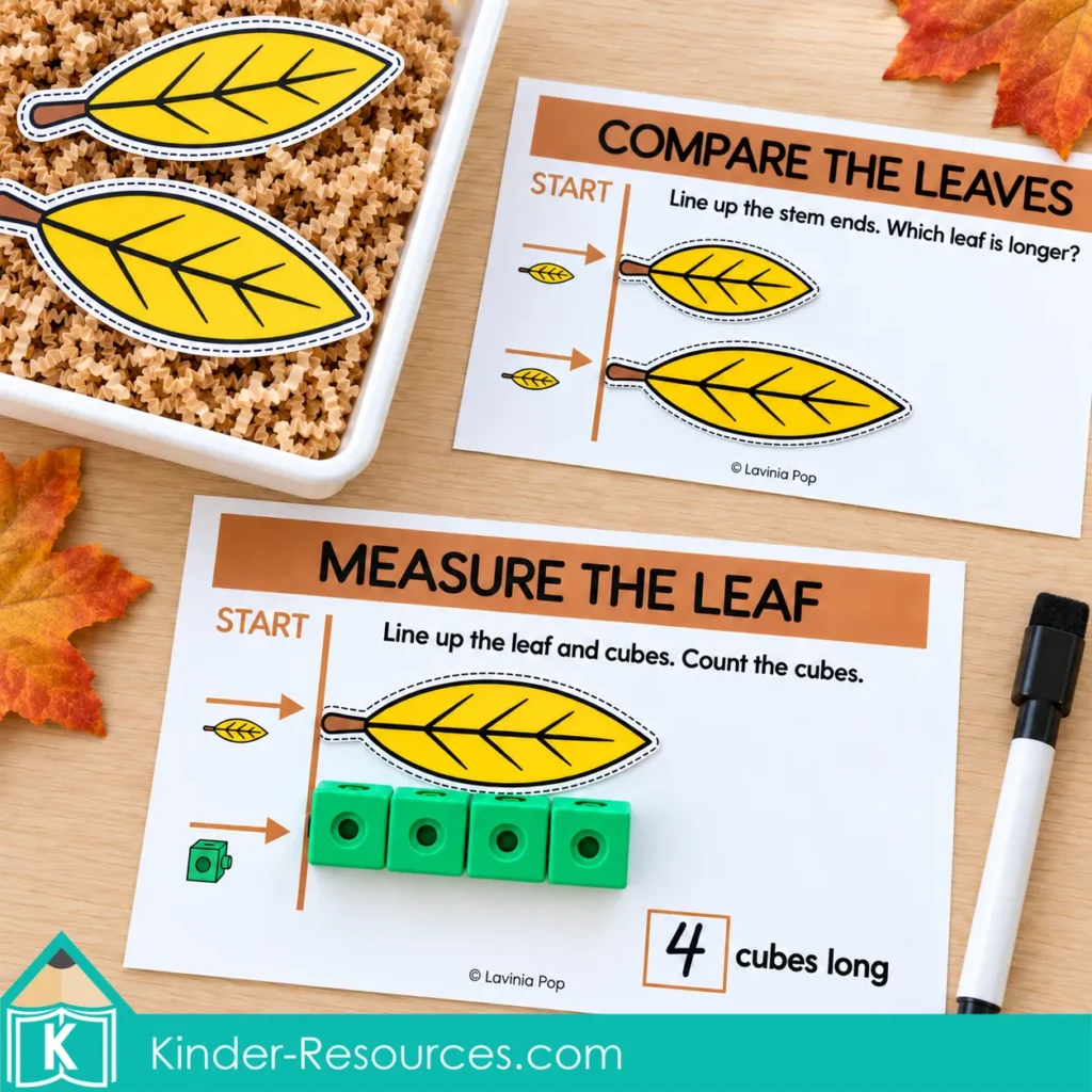 Preschool leaf measurement mats with two yellow leaves aligned for length comparison and another leaf above four green linking cubes.