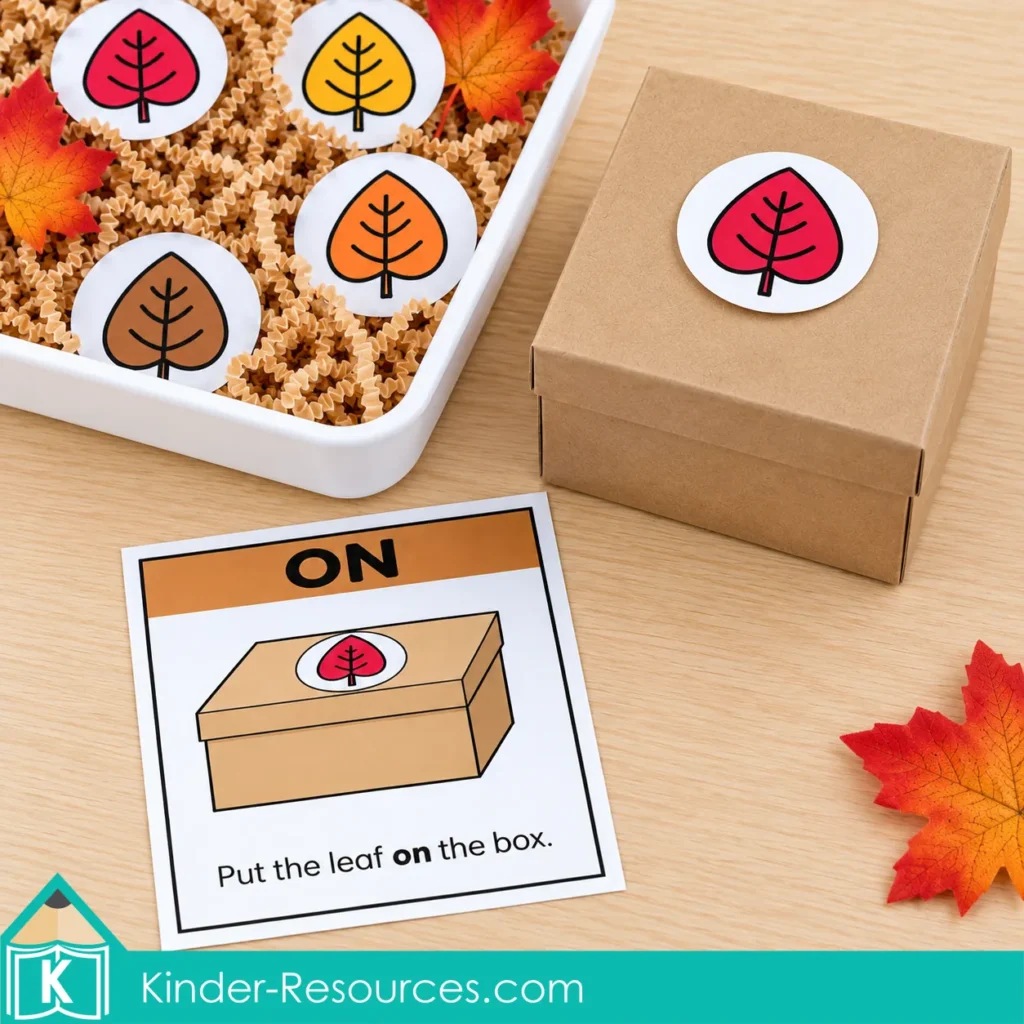 Red leaf circle on a cardboard box beside a direction card reading “Put the leaf on the box” and a sensory bin containing colored leaf pieces.