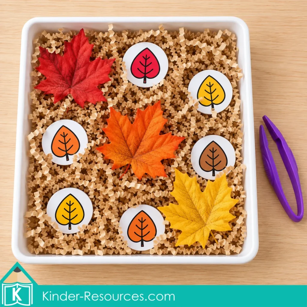 White sensory bin filled with light brown crinkle paper, fabric fall leaves, and partly hidden colored leaf circles, with purple tongs beside it.