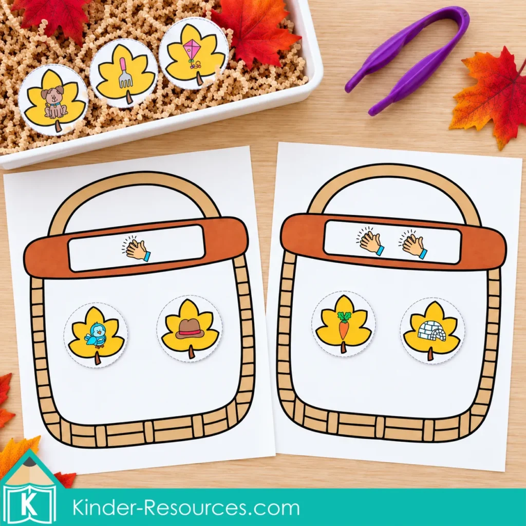 Preschool syllable sorting activity with yellow picture leaves on baskets labeled with one and two clapping symbols, beside a sensory bin and purple tongs.