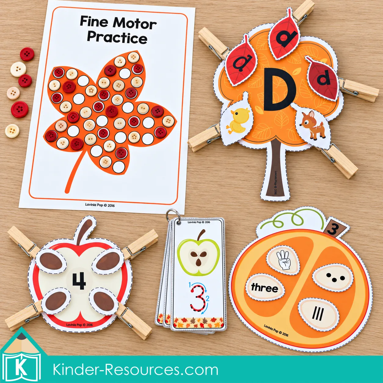 Fall preschool centers with a leaf button mat, alphabet tree, pumpkin number match, apple counting, and number tracing cards.