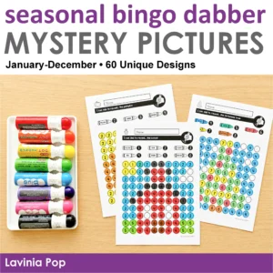 Product cover for seasonal dot marker mystery pictures featuring colorful number-code worksheets and bingo daubers for preschool and kindergarten.