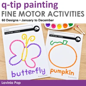 Seasonal Q Tip Painting cover showing butterfly and pumpkin worksheets, with 60 designs for January to December.