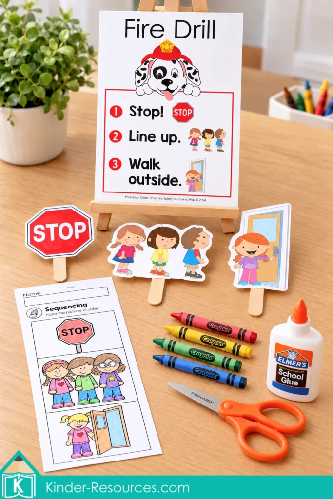 Fire drill poster, stop sign and picture props, and a completed cut-and-paste sequencing worksheet for preschool fire safety circle time.