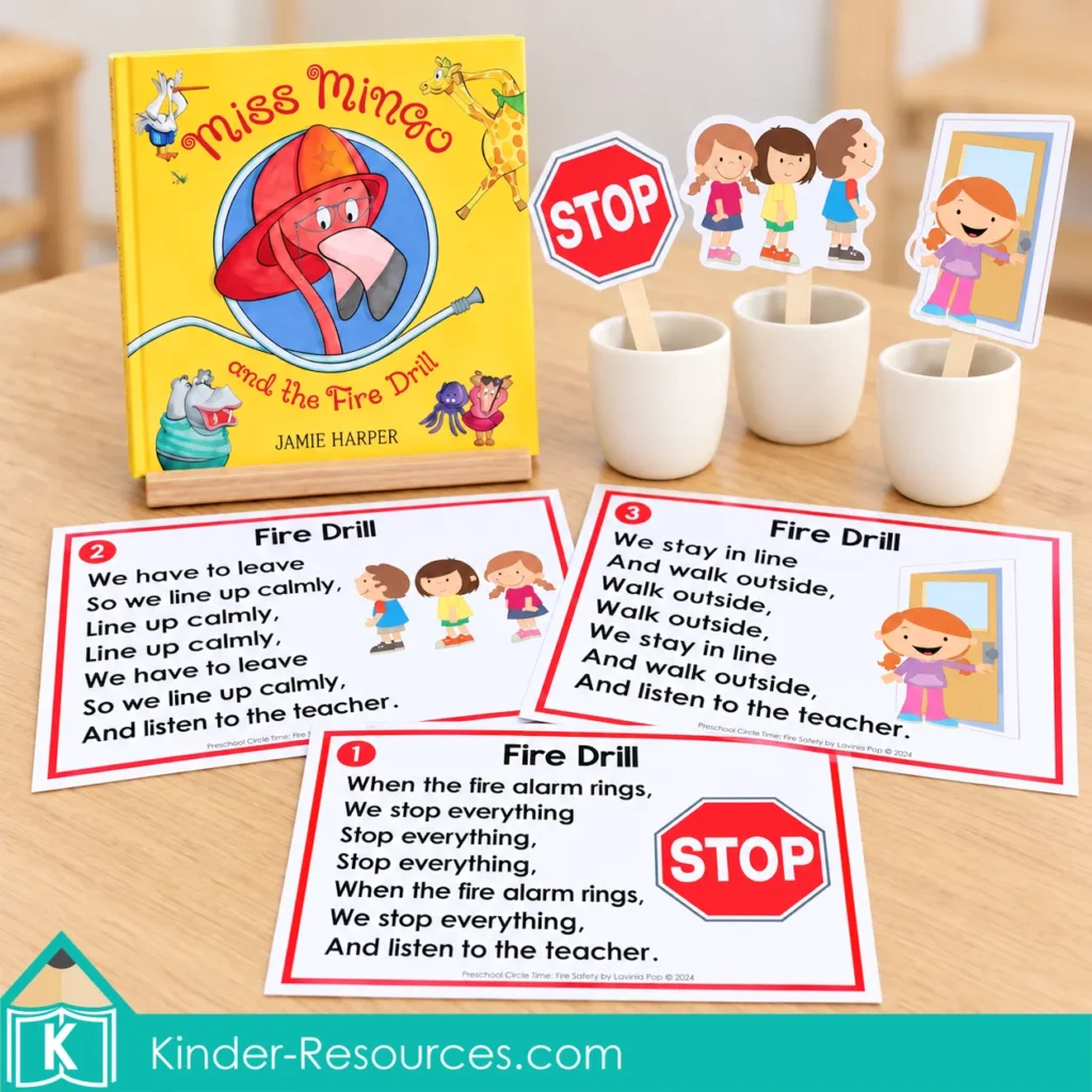 Miss Mingo and the Fire Drill book on a stand with three printable song sheets and picture props in cups for fire safety circle time.