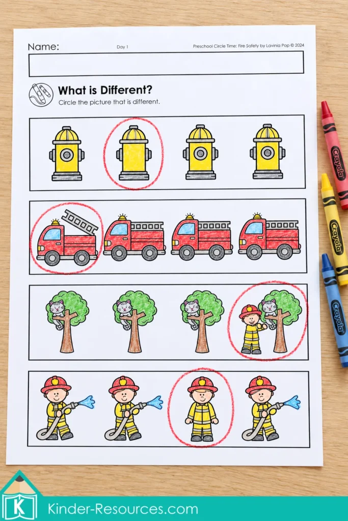 Preschool fire safety worksheet with four rows of colored pictures and the different picture circled in each row.
