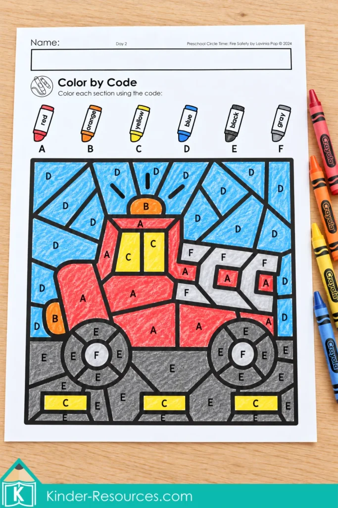 Fire truck color-by-code worksheet with an A–F color key, a red truck, yellow windows, and blue background for kindergarten coloring practice.