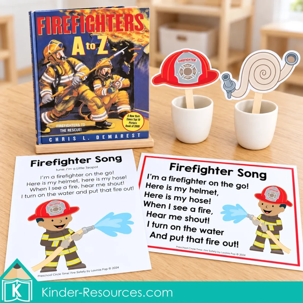 Firefighters A to Z book on a stand beside two printable song sheets and helmet and hose props for preschool fire safety circle time.