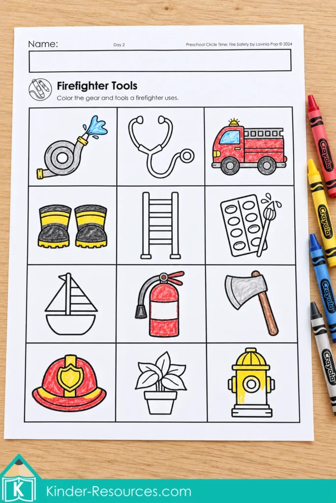 Partly colored firefighter tools worksheet with a hose, truck, boots, helmet, ax, and fire extinguisher for preschool fire safety activities.