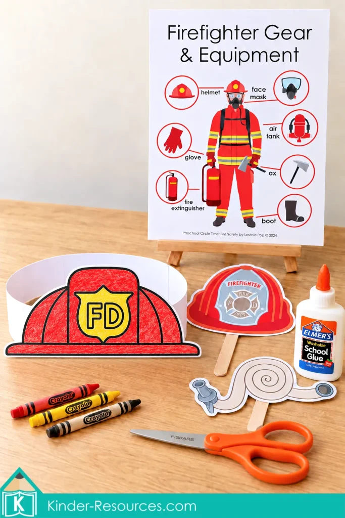 Firefighter gear poster with a red paper helmet headband, helmet and hose stick props, crayons, scissors, and glue for preschool circle time.