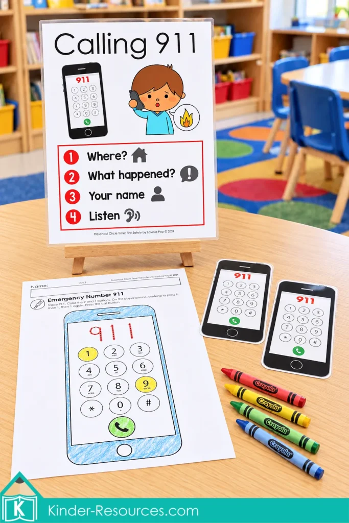 Preschool Calling 911 poster, two printable practice phones, and an emergency number worksheet with 911 written and keypad buttons colored.