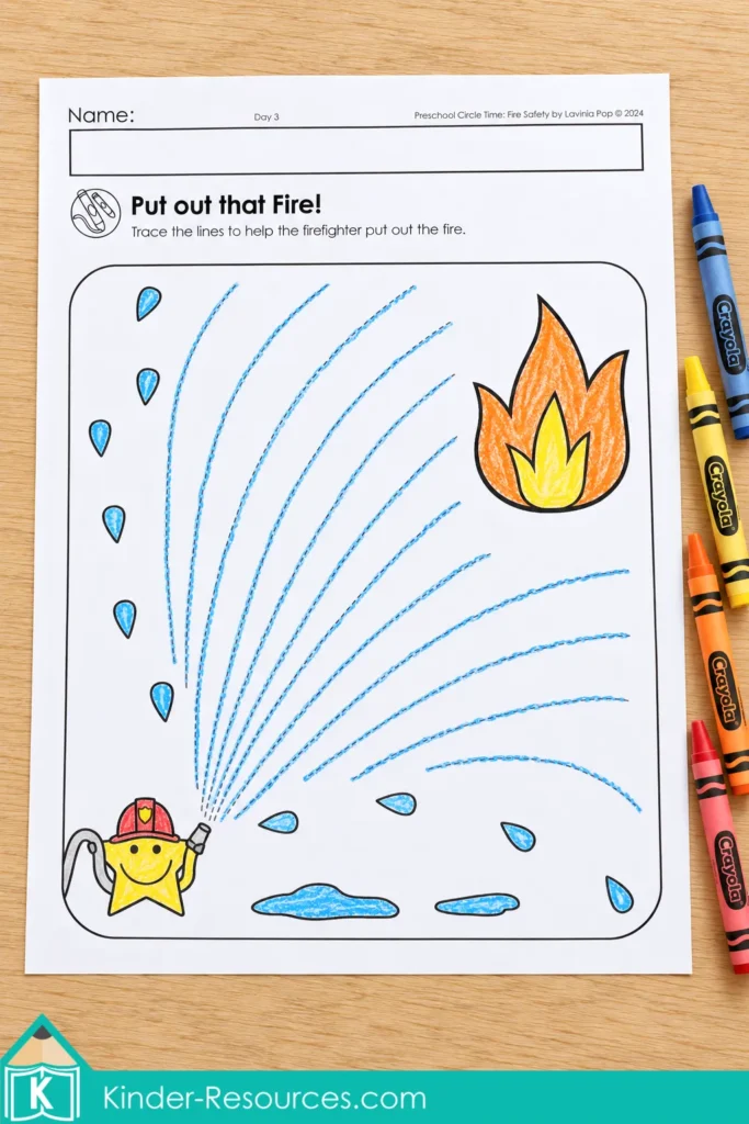 Preschool fire safety tracing worksheet with blue curved water lines leading from a star firefighter toward an orange and yellow flame.