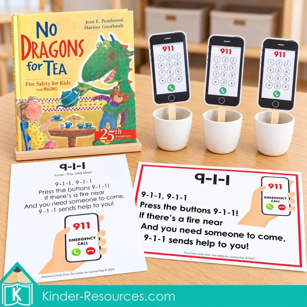 No Dragons for Tea book on a stand with two 911 song sheets and three paper phone props in cups for preschool fire safety circle time.