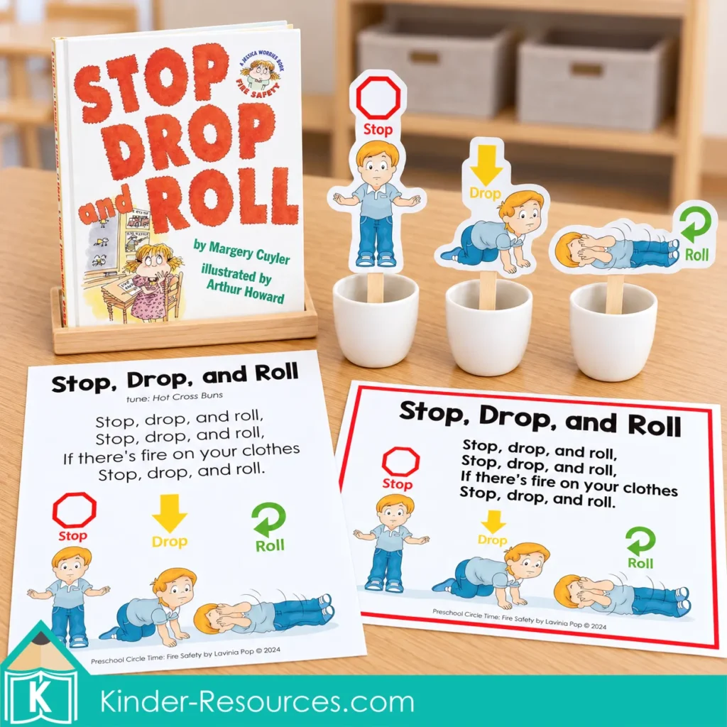 Stop, Drop, and Roll book with two printable song sheets and three action props in separate cups for preschool fire safety circle time.