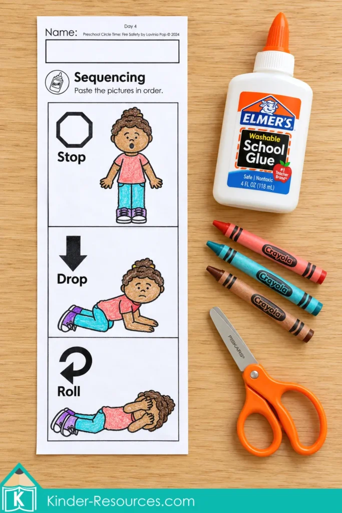Completed preschool cut-and-paste sequencing strip with a girl showing stop, drop, and roll beside crayons, scissors, and glue.