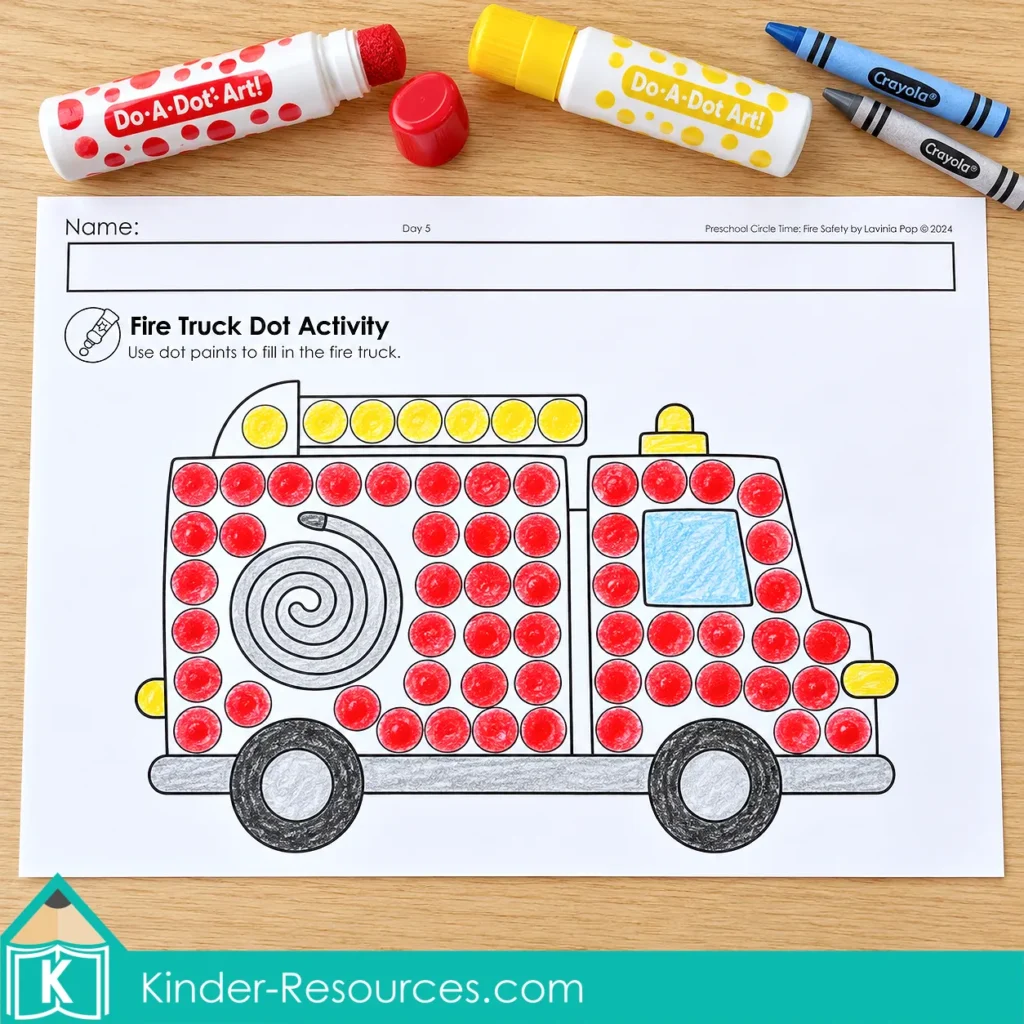 Preschool fire truck dot-paint worksheet with red body dots, yellow ladder dots, a blue window, and two dot markers above the page.