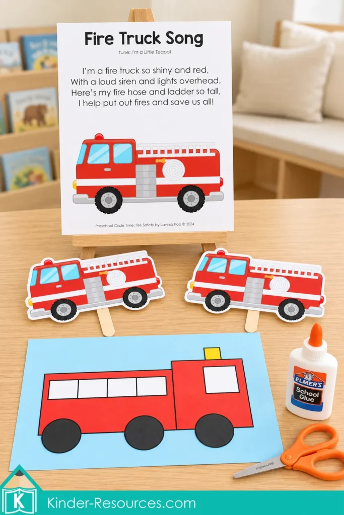 Red fire truck craft made from paper shapes on blue backing, with a Fire Truck Song poster and two stick props for preschool circle time.