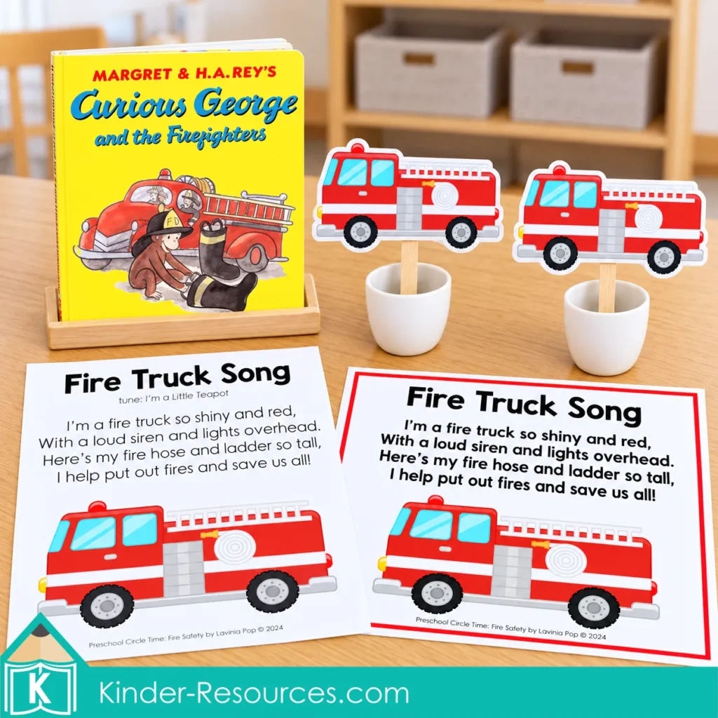 Curious George and the Firefighters book on a stand with two Fire Truck Song sheets and matching props in cups for preschool circle time.