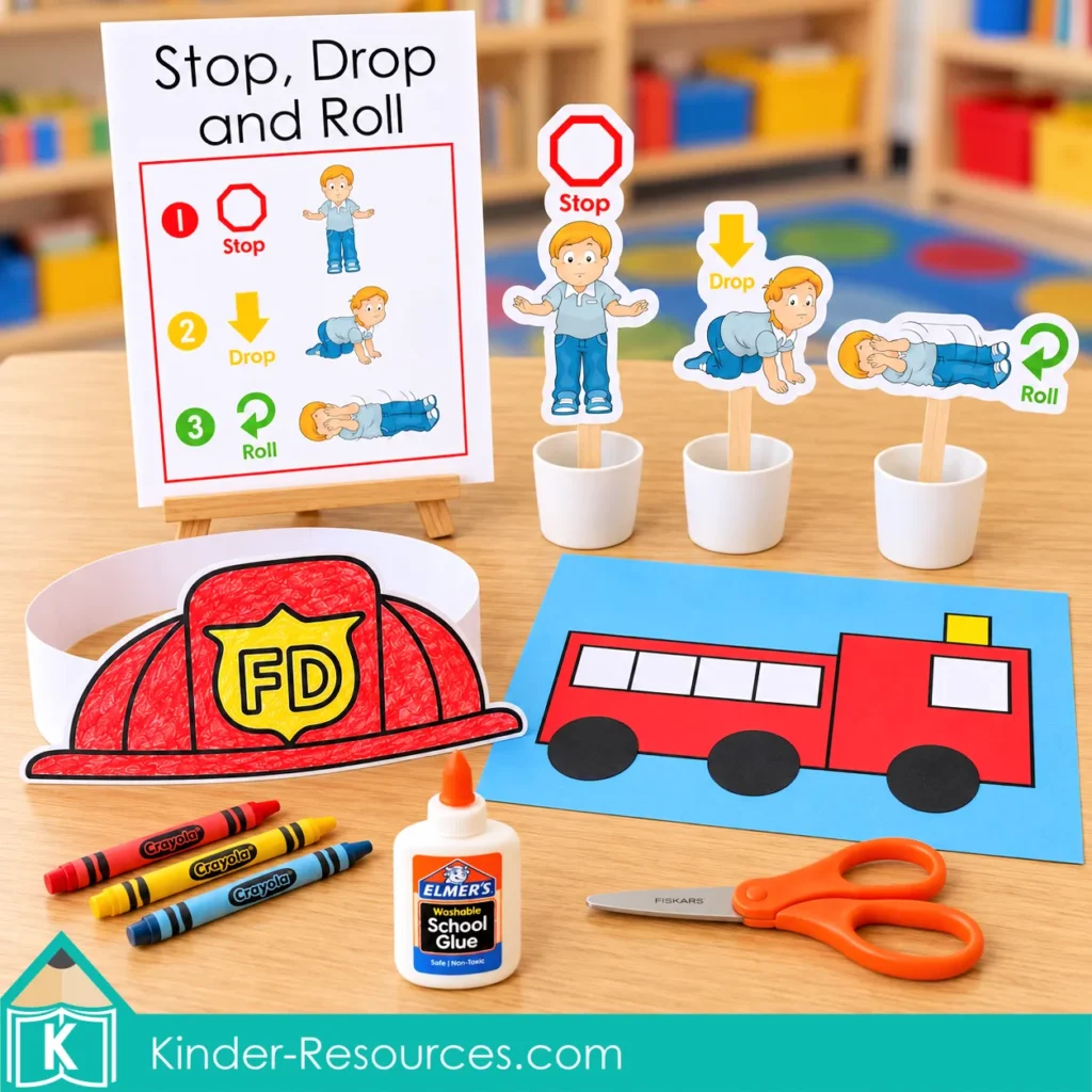 Fire safety circle time display with a Stop, Drop, and Roll poster and props, a firefighter helmet headband, and a shape fire truck craft.