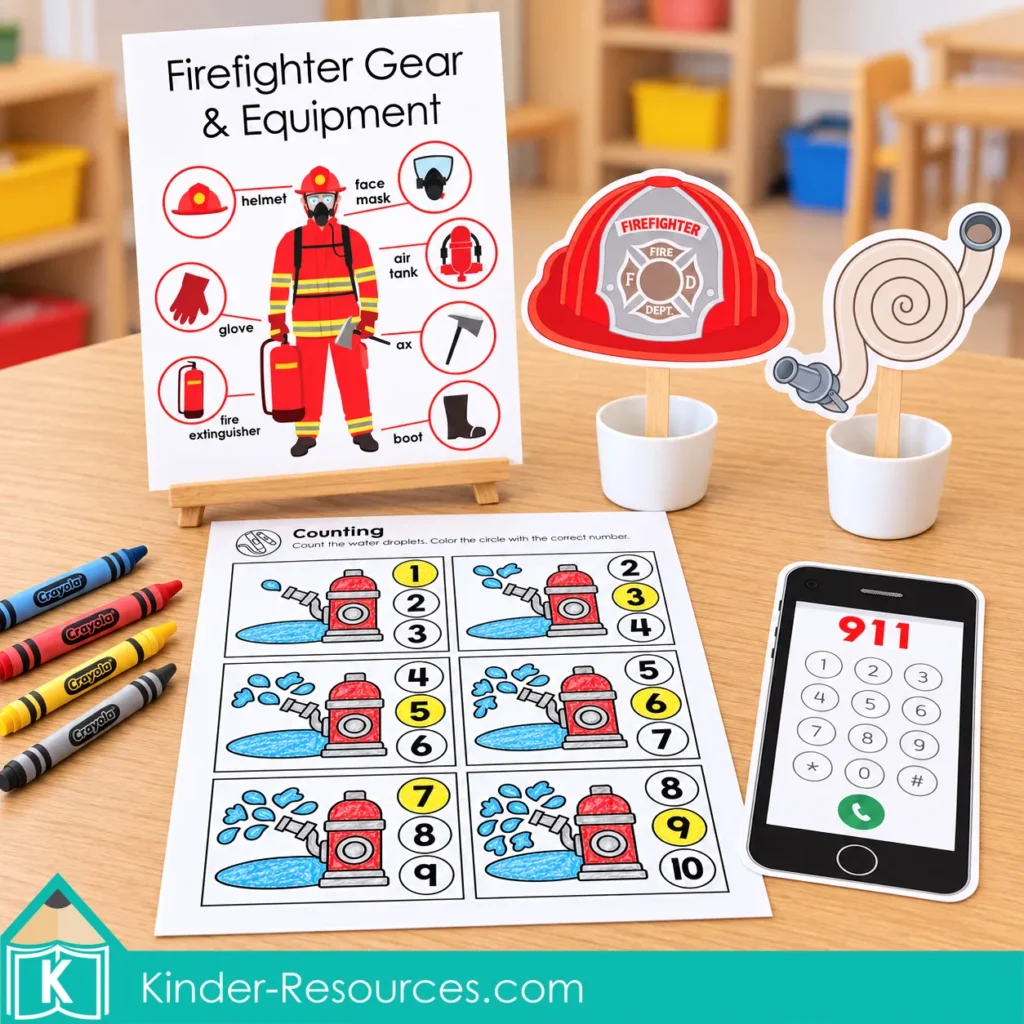 Preschool fire safety circle time display with a firefighter equipment poster, helmet and hose props, a practice phone, and counting worksheet