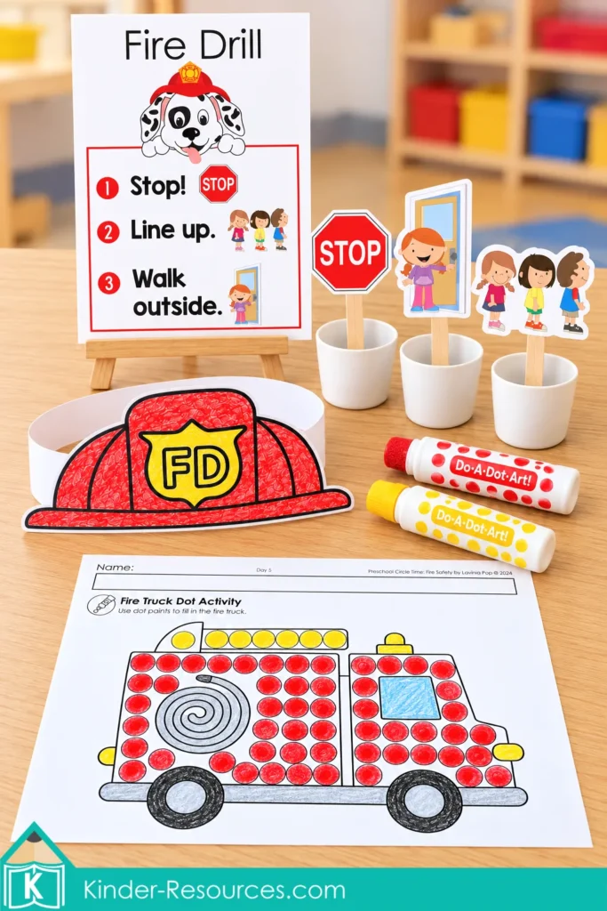 Preschool fire safety circle time display with a Fire Drill poster, picture props, red helmet headband, and completed fire truck dot-paint worksheet