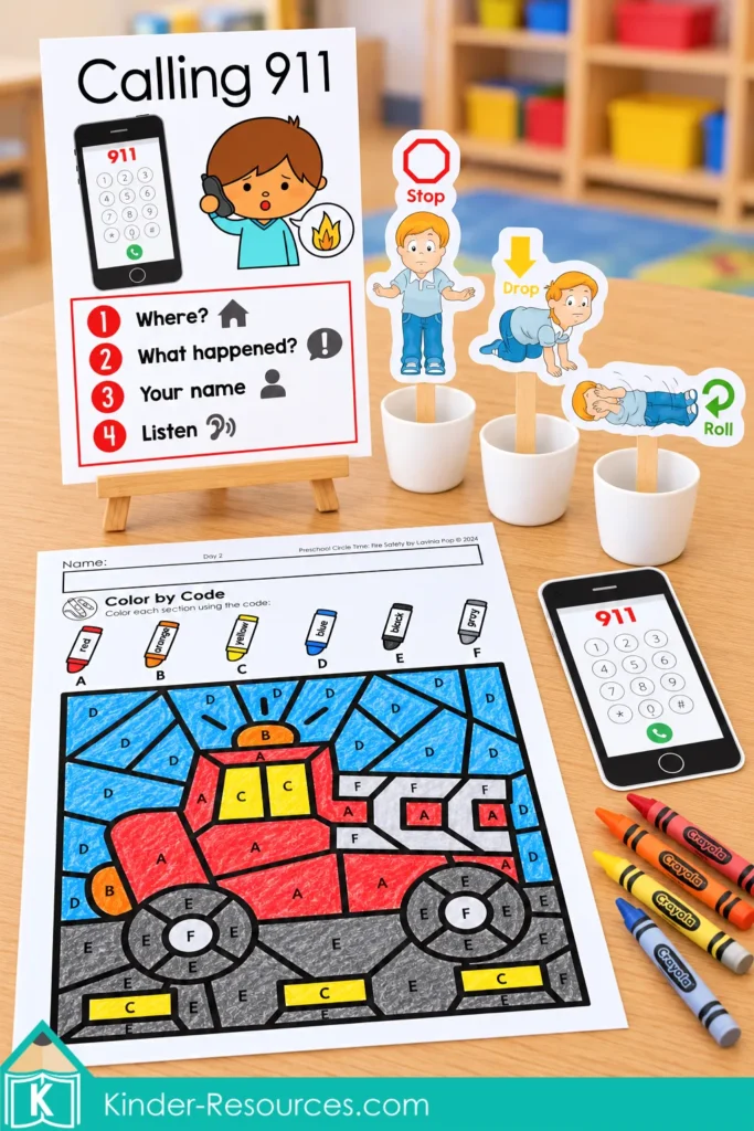 Fire safety circle time display with a Calling 911 poster, practice phone, Stop, Drop, and Roll props, and completed fire truck color-by-code worksheet.