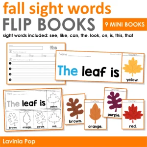 Fall sight word flip books for kindergarten with nine mini books, color and black and white versions, and tracing and sentence writing worksheets.