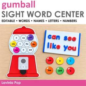 Editable Gumball Sight Word Center cover with a red machine, word cards, and magnetic letters spelling can, see, like, and you.