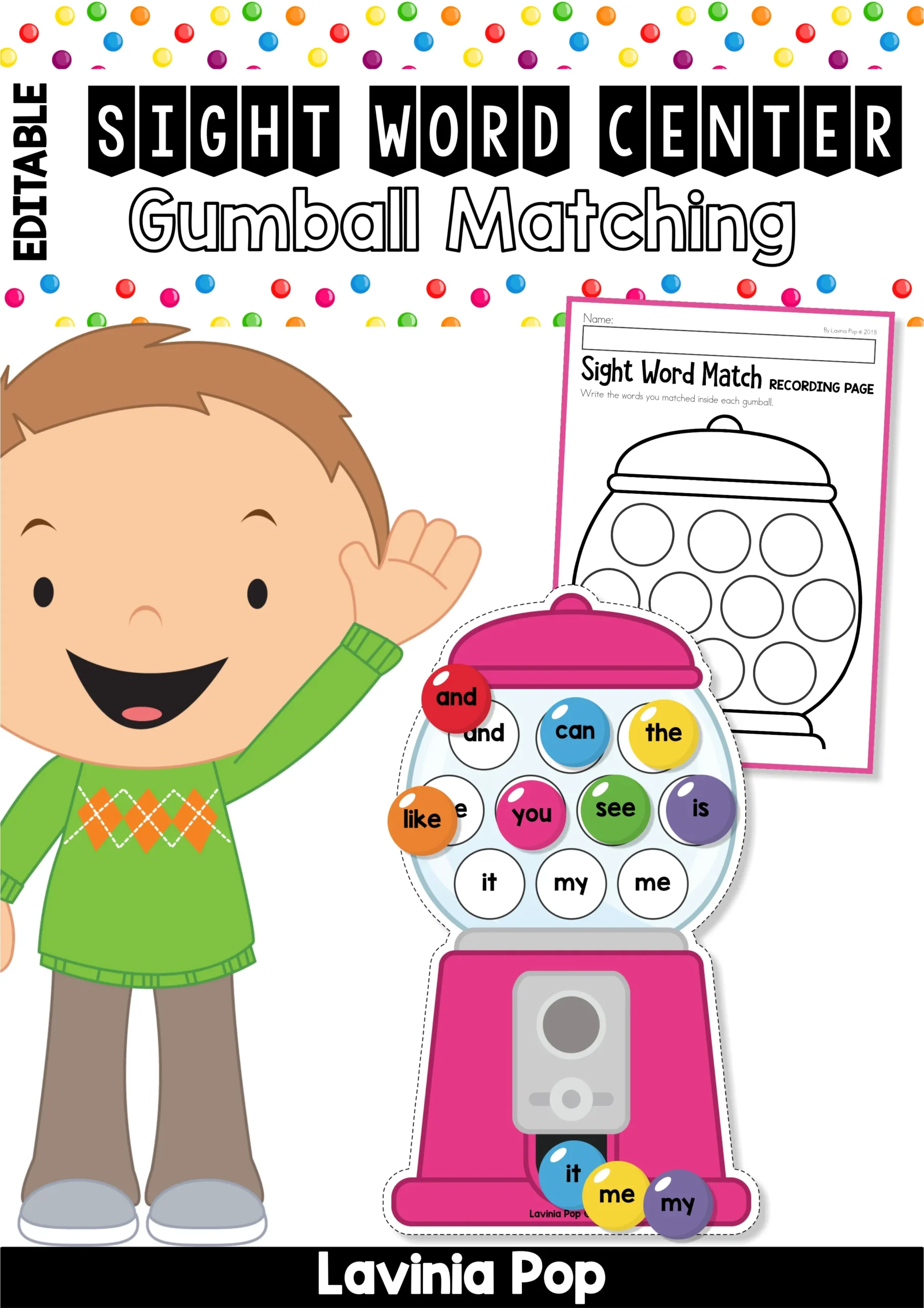 Editable Gumball Sight Word Center cover with a pink gumball machine, colorful word cards, a recording page, and a cartoon boy.