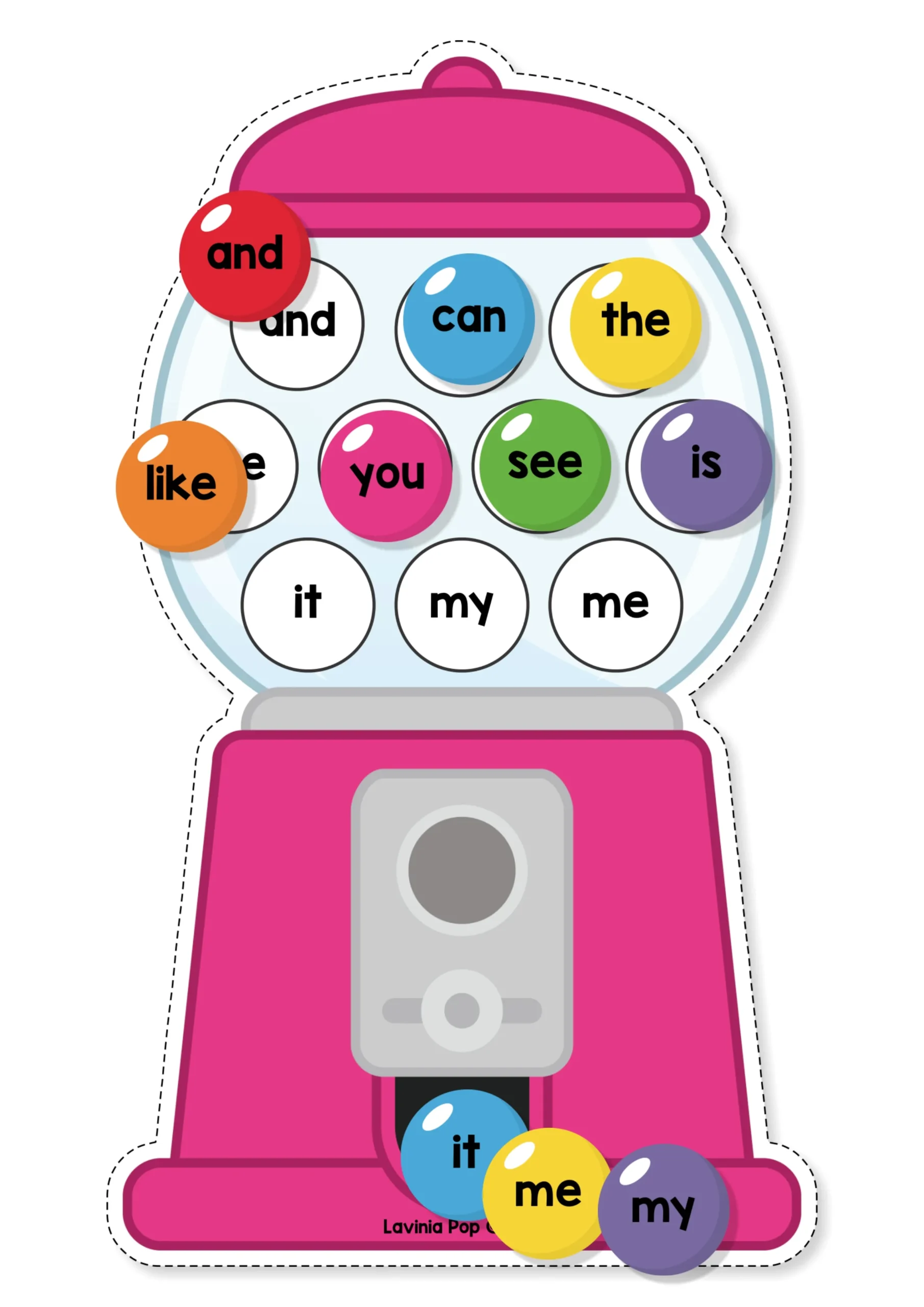 Pink gumball machine with sight words in circular spaces and colorful matching cards, including can, the, you, see, and is.