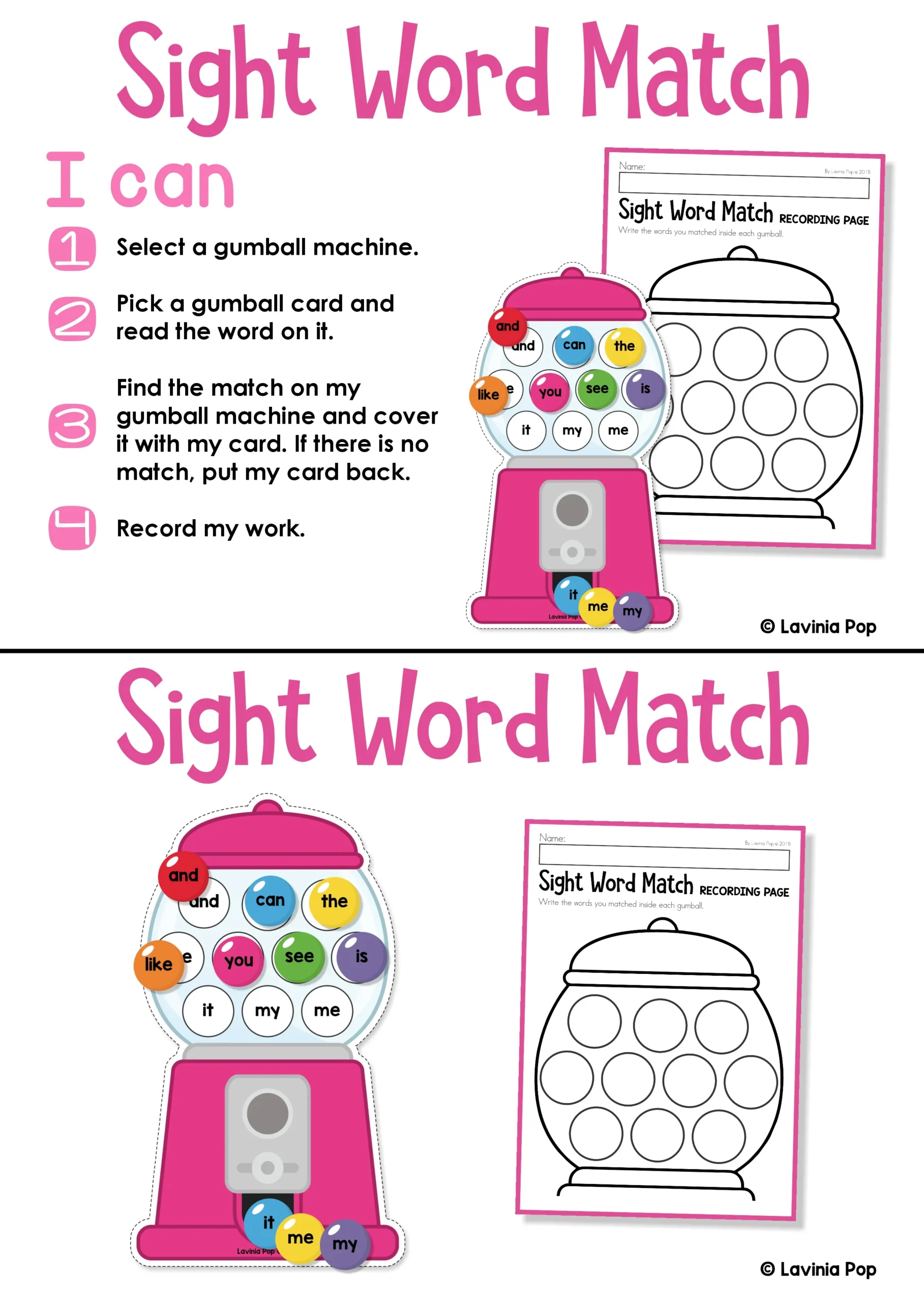 Sight Word Match “I can” instruction card and center label showing children how to choose, read, match, and record words.