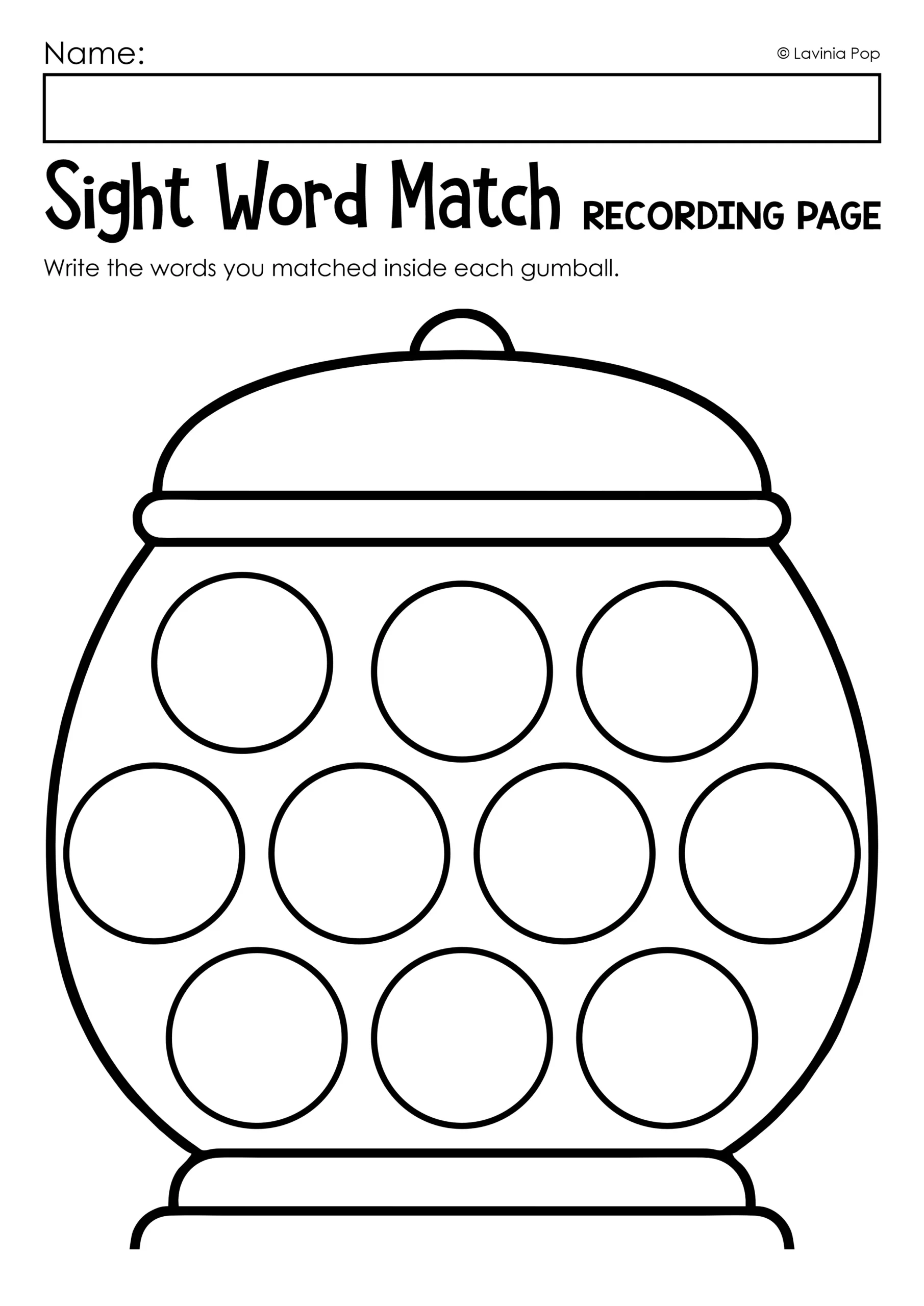 Black and white Sight Word Match recording page with ten empty gumball circles for writing matched words.