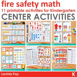 Cover for 11 fire safety math centers for kindergarten, showing number tracing, graphing, height comparison, sorting, counting, and addition.