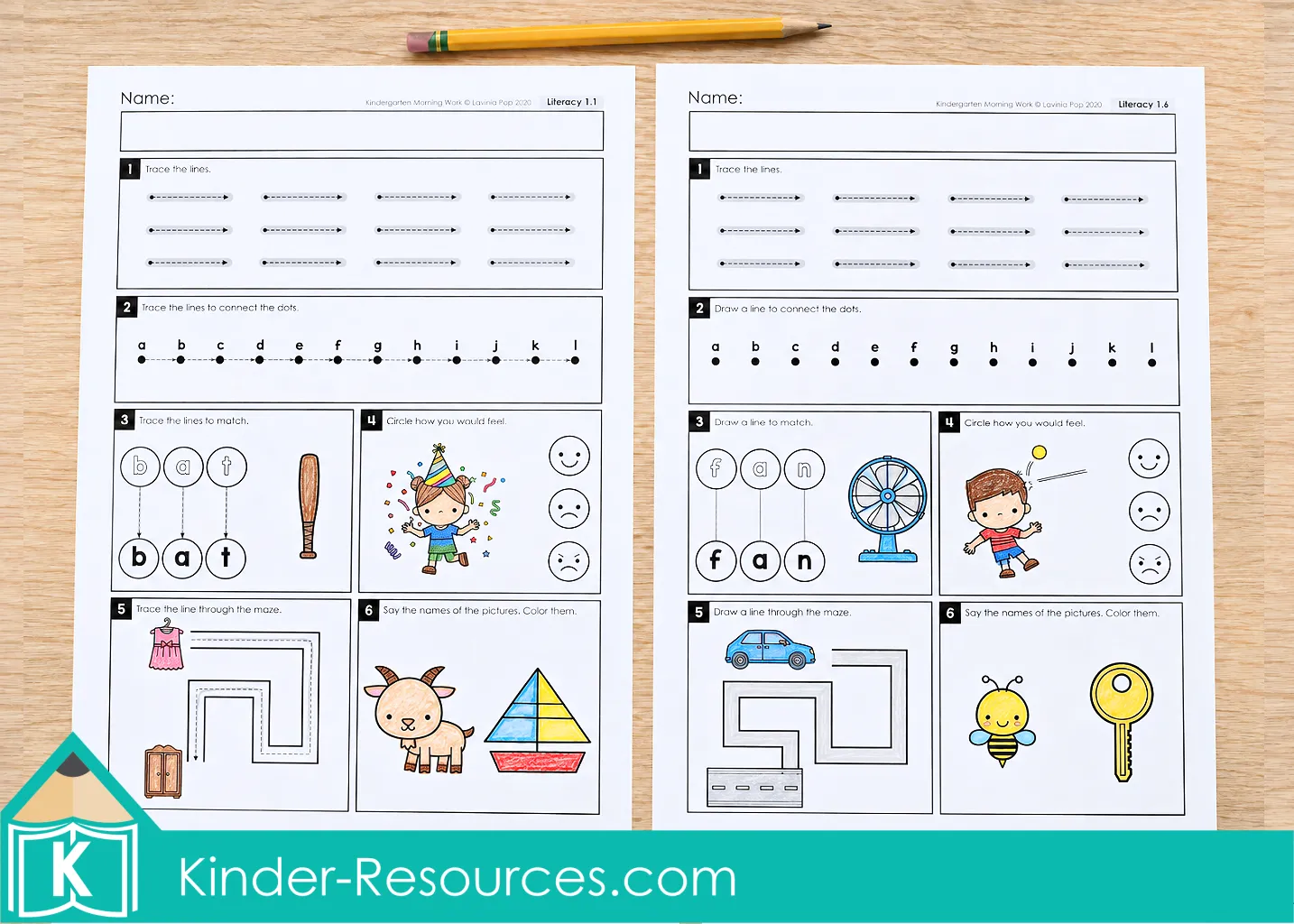 Two literacy worksheets comparing printed tracing and matching guides with activities that require children to draw their own lines.