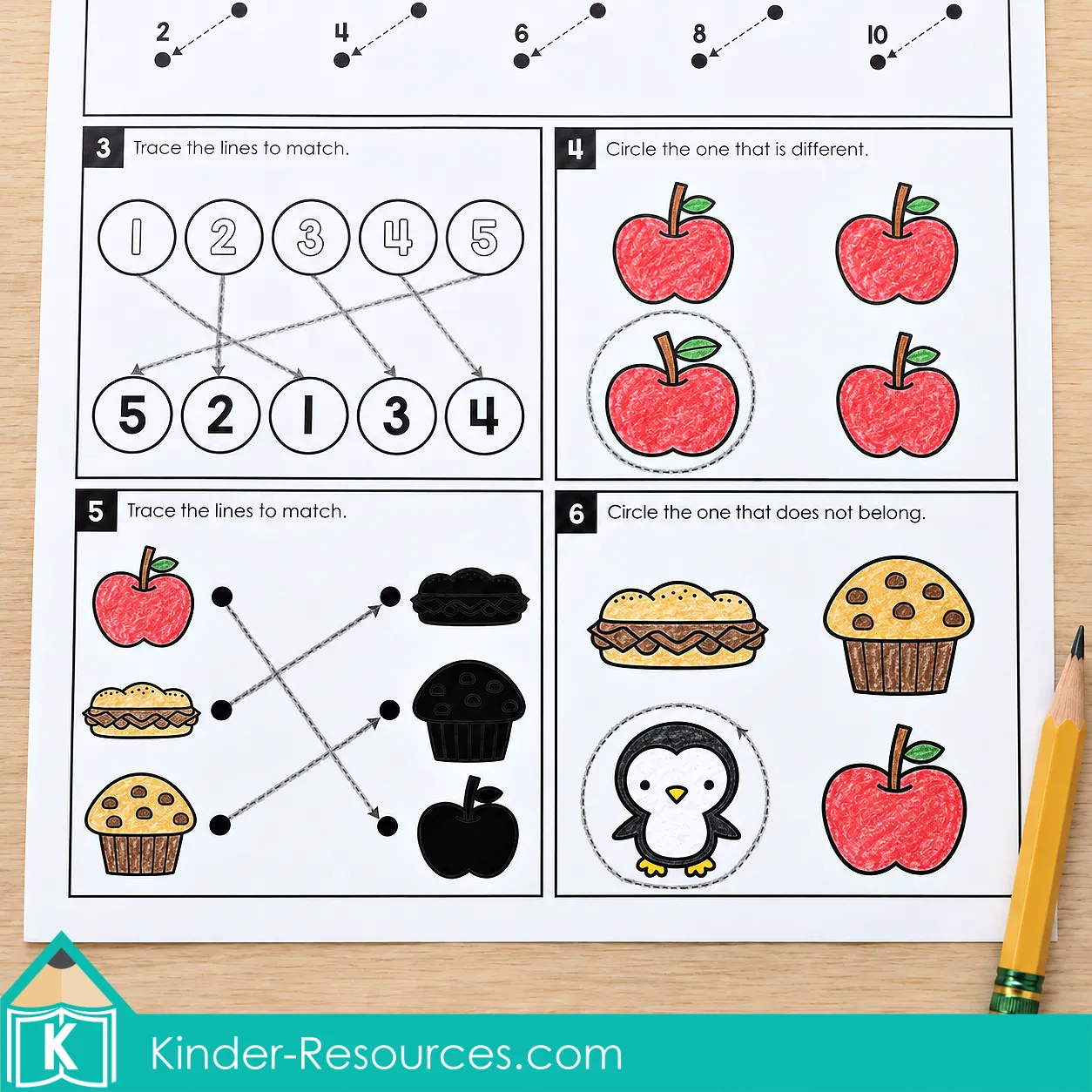Math worksheet close-up with numeral matching, apple comparisons, food shadow matching, and a penguin circled as the item that does not belong.