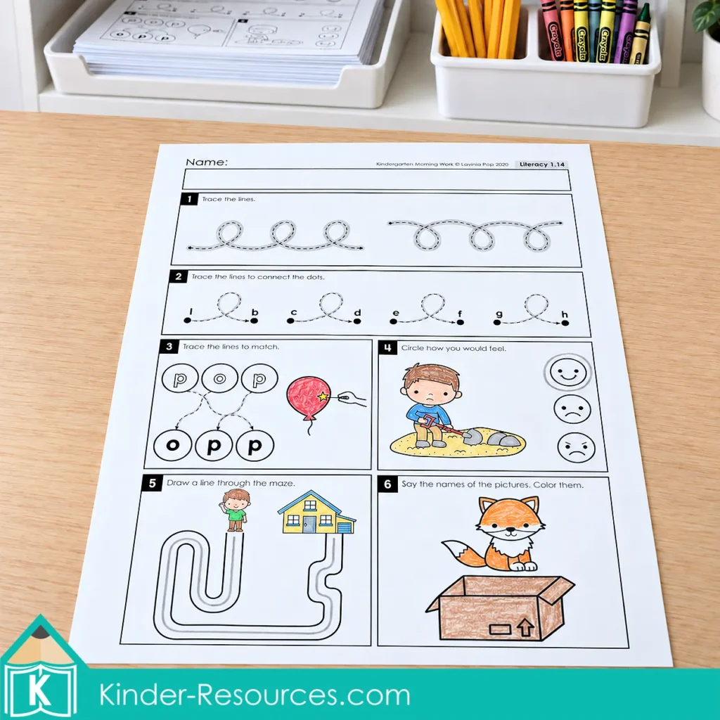 Colored literacy worksheet on a wooden table, with a paper tray and a caddy of pencils and crayons behind it.