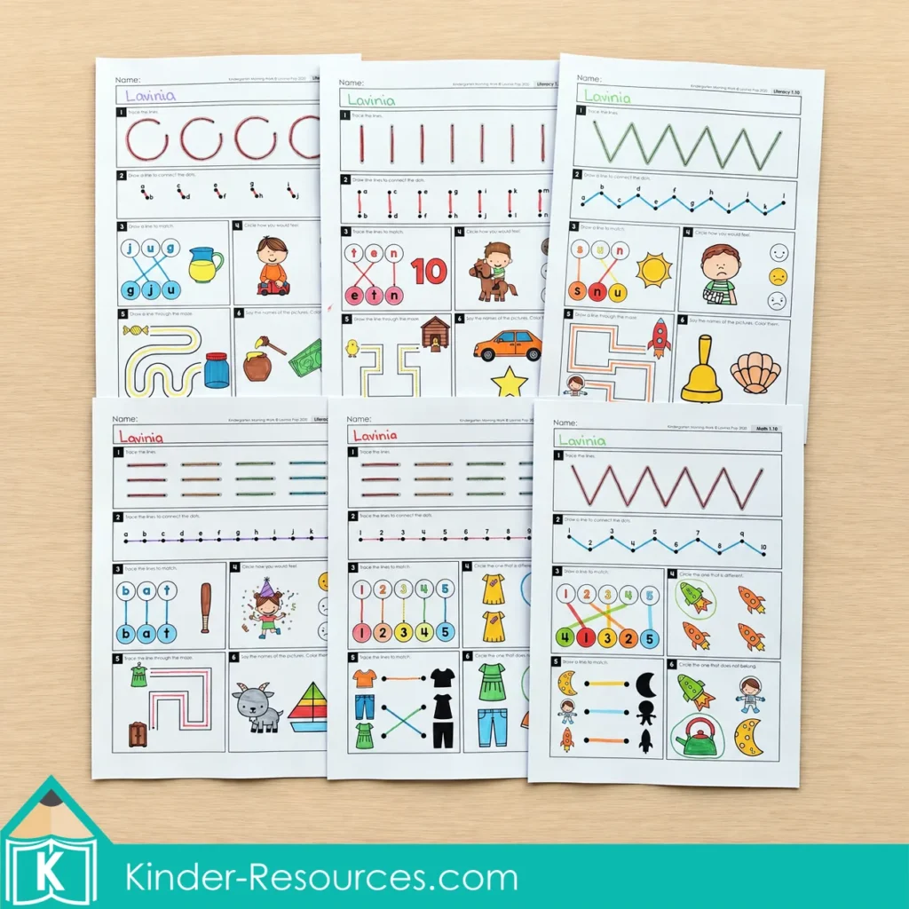 Six overlapping colored morning work worksheets showing literacy and math activities, including tracing, matching, feelings, mazes, and picture comparisons.