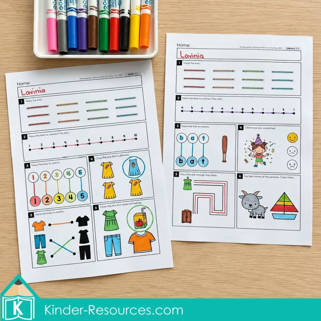 Two colored kindergarten morning work sample pages with tracing, letter and number matching, a maze, and picture activities beside markers.