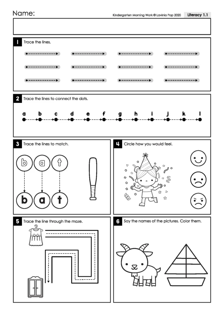 Kindergarten literacy worksheet with guided line tracing, matching letters in bat, a feelings activity, a maze, and goat and boat rhyming pictures.