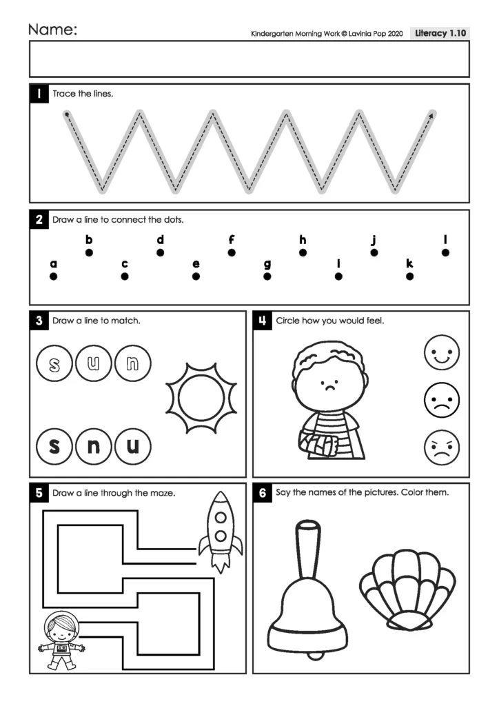 Literacy worksheet with zigzag tracing, lowercase letter connections, matching letters in sun, a feelings activity, an astronaut maze, and bell and shell pictures.