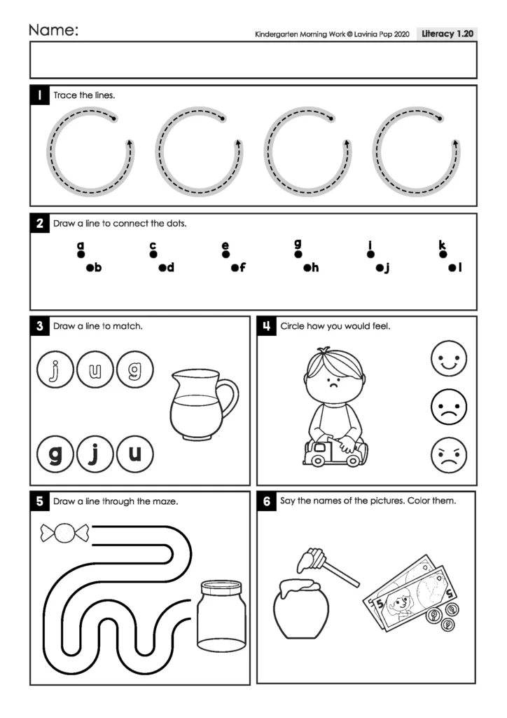 Kindergarten worksheet with curved line tracing, matching letters in jug, a feelings activity, a candy-to-jar maze, and honey and money rhyming pictures.