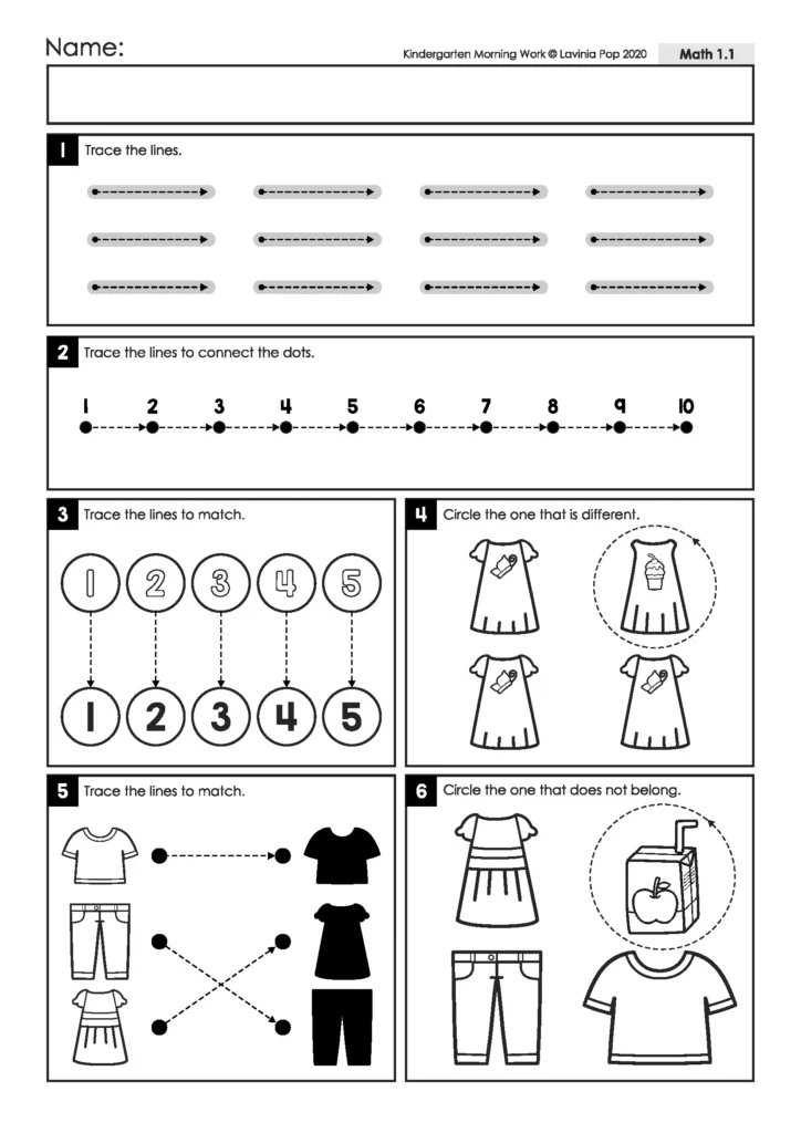 Kindergarten math worksheet with straight line tracing, connecting numbers 1–10, guided numeral matching, clothing shadow matching, and picture comparisons.