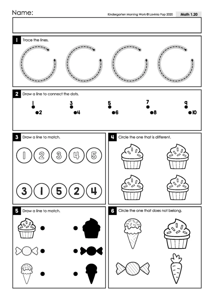 Kindergarten morning work worksheet with curved line tracing, number matching, cupcake comparisons, treat shadow matching, and an odd-one-out activity.