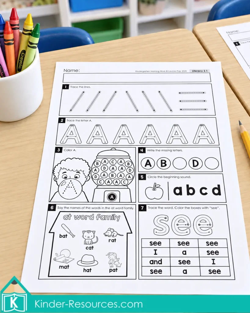 Unmarked letter A morning work worksheet on a classroom desk beside a pencil and crayons.