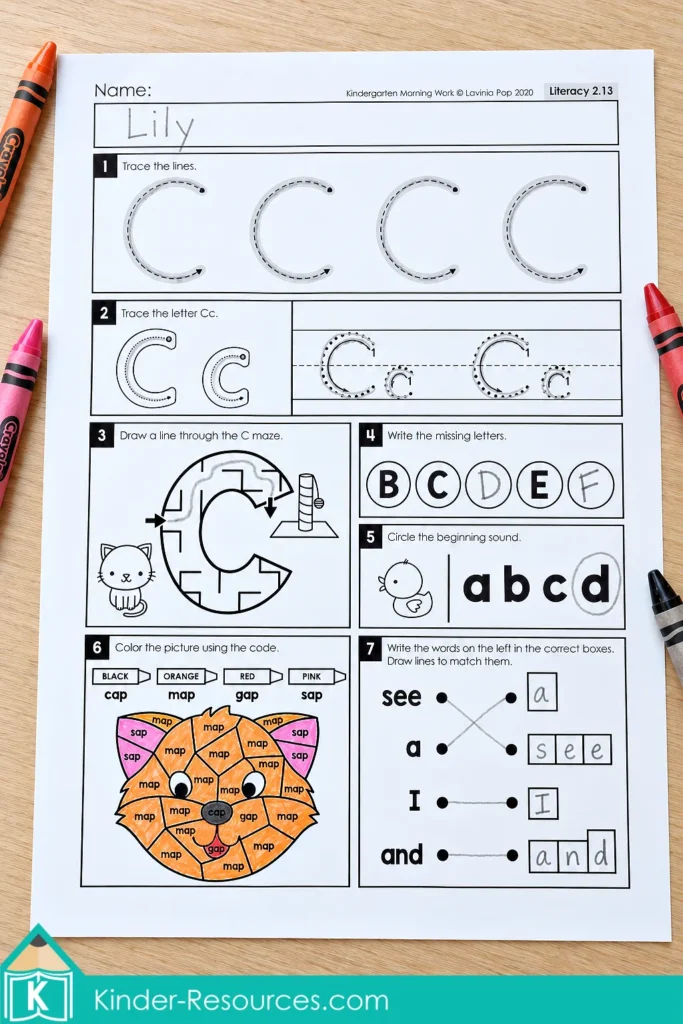 Letter C worksheet with tracing, a letter maze, an orange word-family color-by-code cat, and sight word matching.