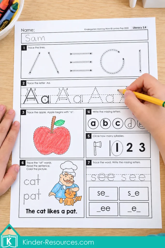 Child tracing uppercase and lowercase A on a worksheet with an apple, cat and pat word practice, and the sight word see.