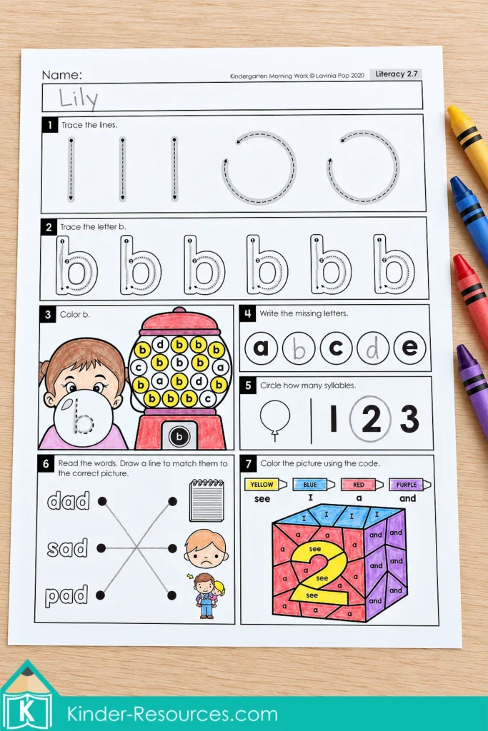 Lowercase b worksheet with letter recognition, dad, sad, and pad word matching, and a sight word color-by-code picture.